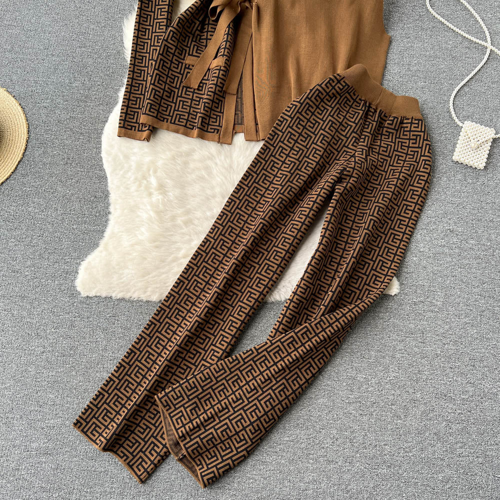 Printed Cardigan&Bottom Vest&Wide-leg Trousers