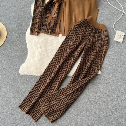 Printed Cardigan&Bottom Vest&Wide-leg Trousers