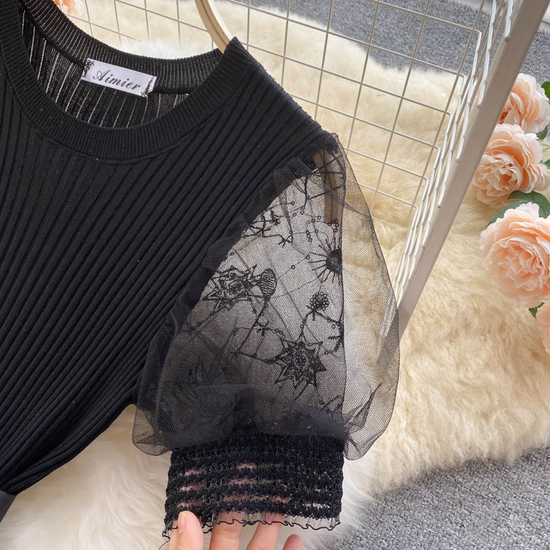 Embroidered Mesh Stitching Knitted Dress