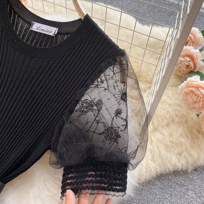 Embroidered Mesh Stitching Knitted Dress
