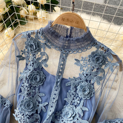 Embroidered Mesh Sleeve Sling Two-Piece Dress