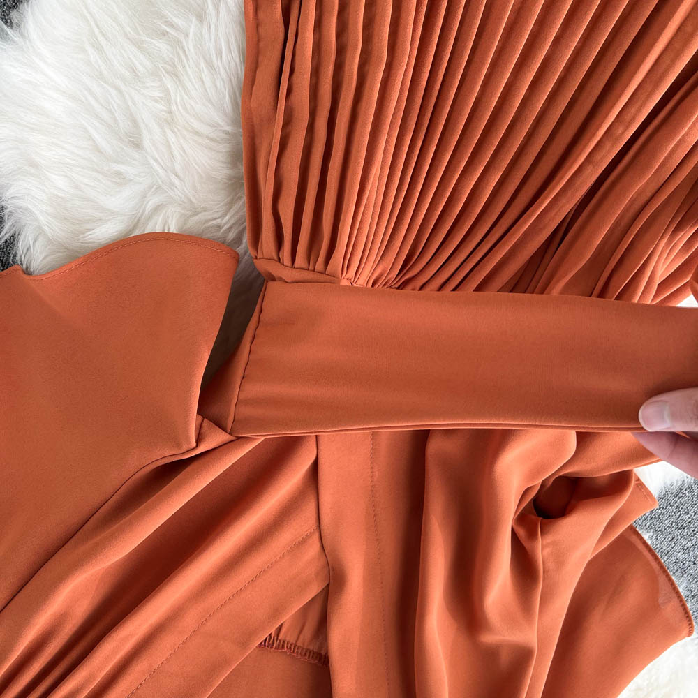 Chiffon Pleated Solid V-Neck Dress