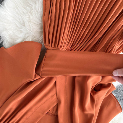 Chiffon Pleated Solid V-Neck Dress