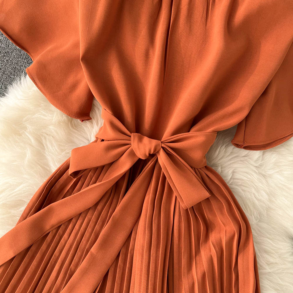 Chiffon Pleated Solid V-Neck Dress