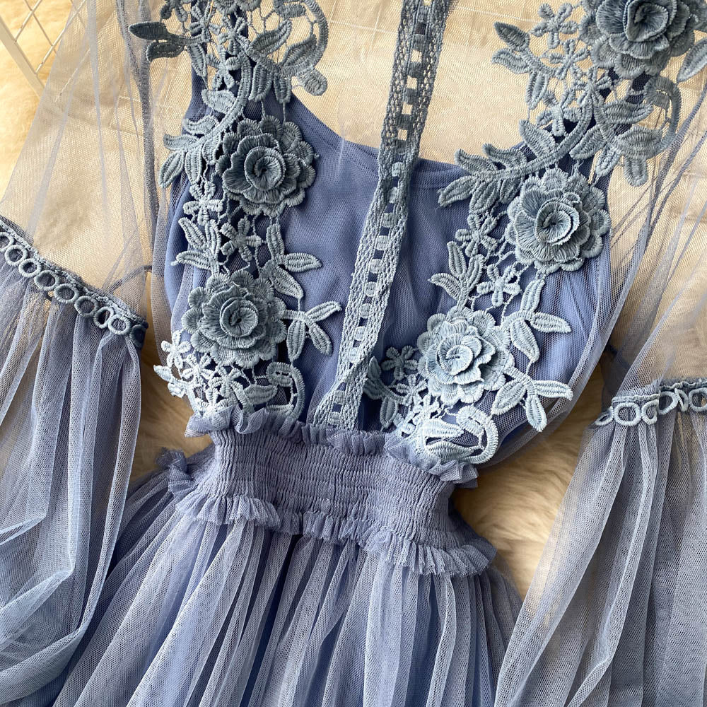 Embroidered Mesh Sleeve Sling Two-Piece Dress
