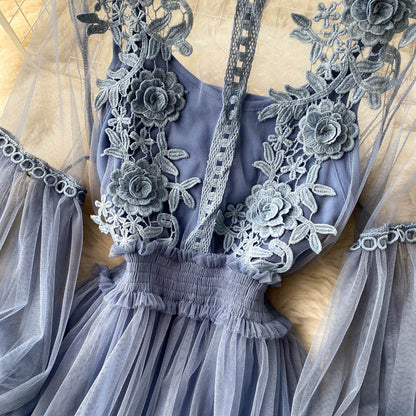 Embroidered Mesh Sleeve Sling Two-Piece Dress