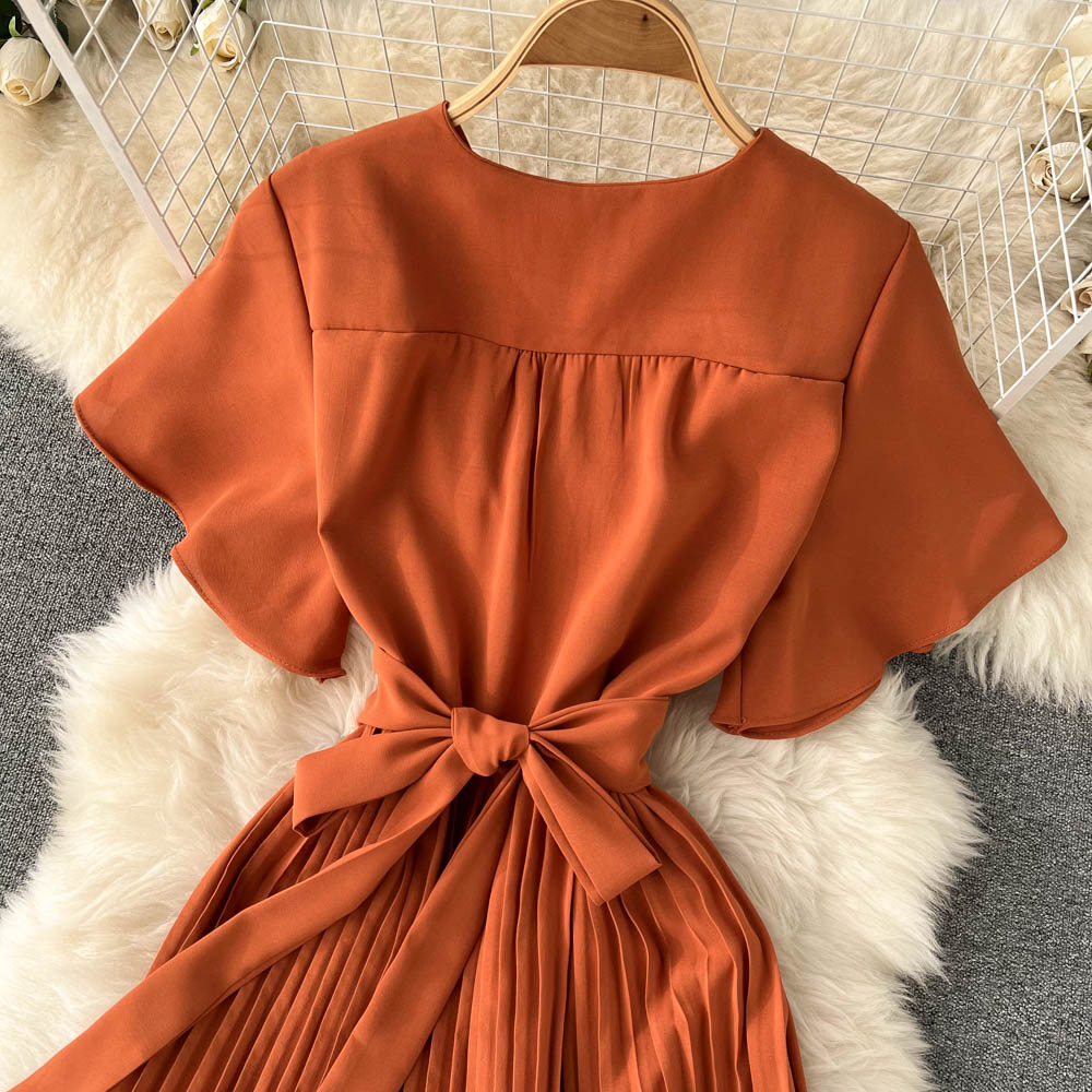 Chiffon Pleated Solid V-Neck Dress