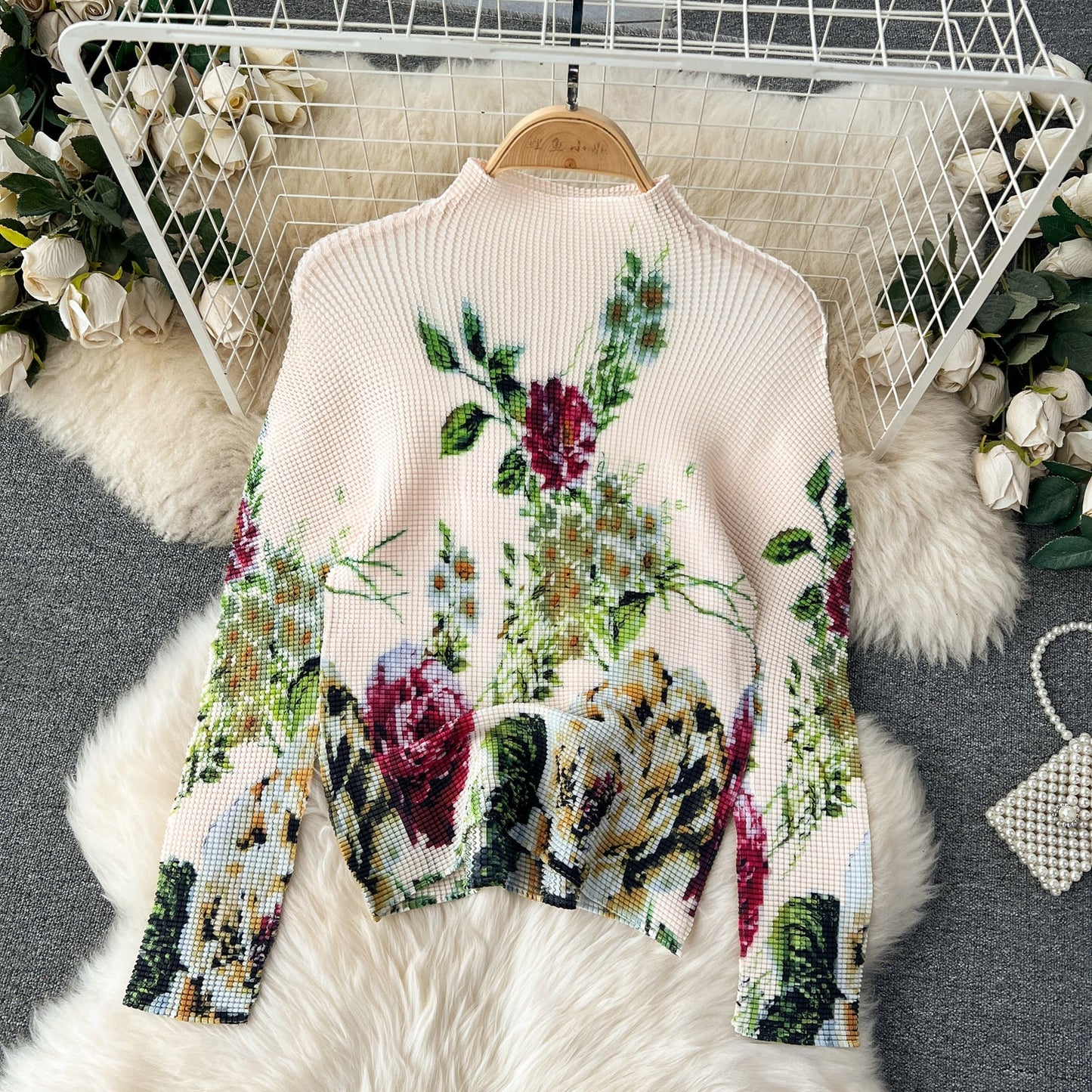 Pleated Knitwear&Wide-leg Trousers Printed 2Pcs