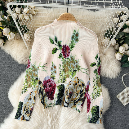 Pleated Knitwear&Wide-leg Trousers Printed 2Pcs