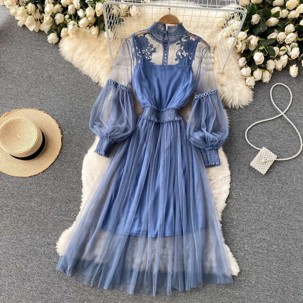 Embroidered Mesh Sleeve Sling Two-Piece Dress