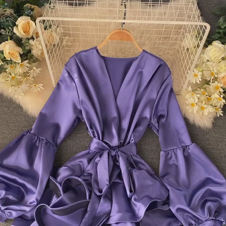 Satin Lantern Sleeve Ruffle Dress