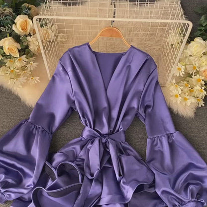 Satin Lantern Sleeve Ruffle Dress