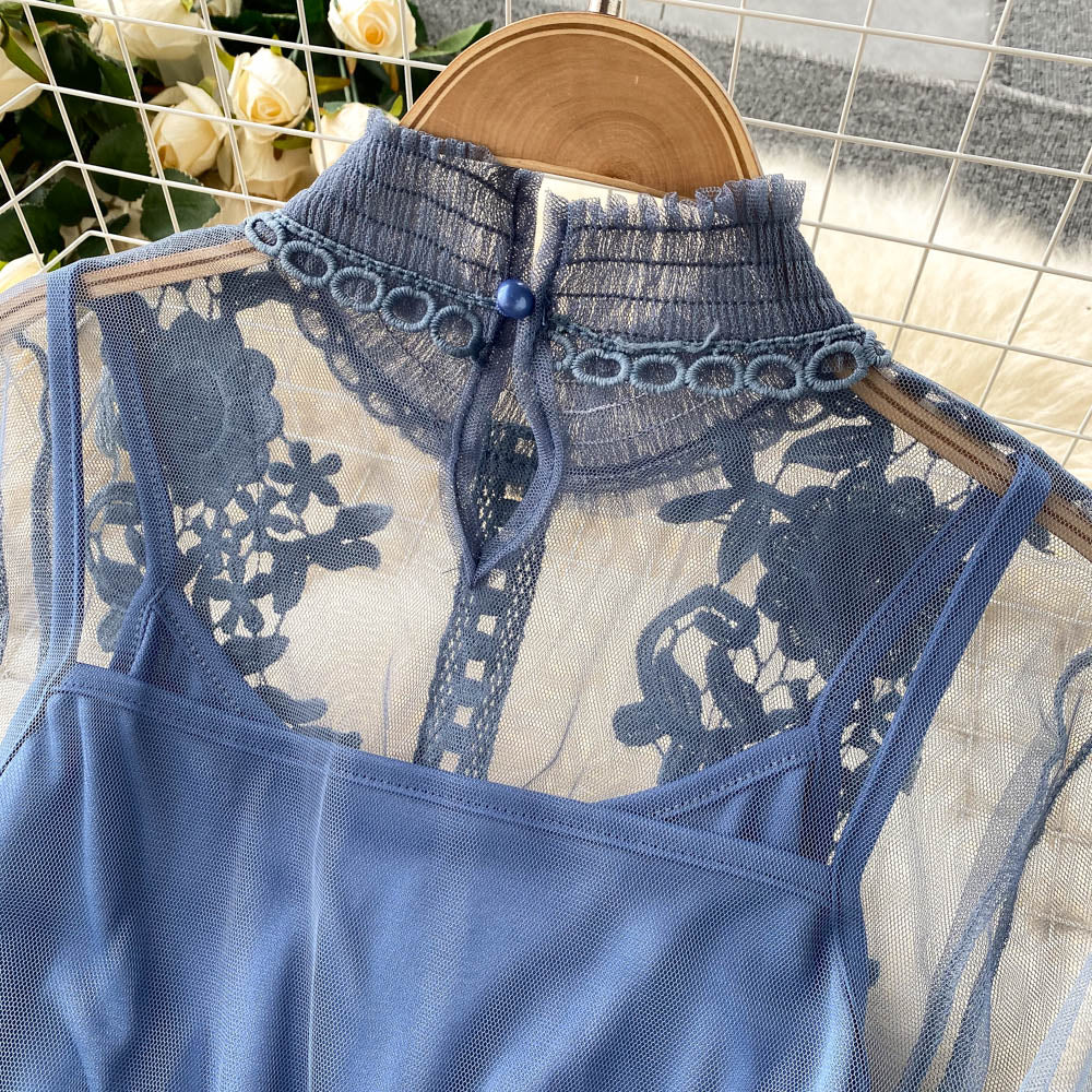 Embroidered Mesh Sleeve Sling Two-Piece Dress