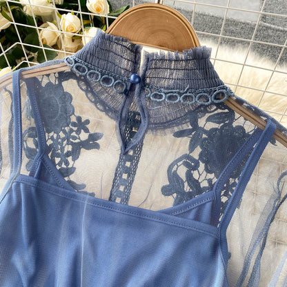 Embroidered Mesh Sleeve Sling Two-Piece Dress