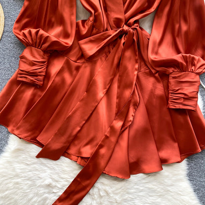 French Style V-neck Satin Wrap Dress