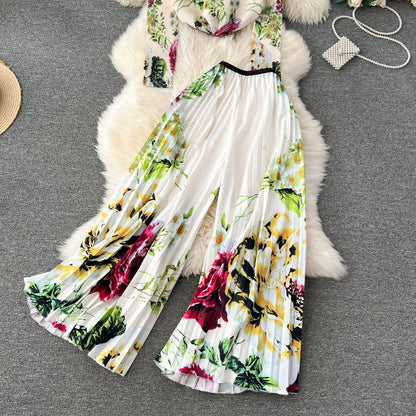 Pleated Knitwear&Wide-leg Trousers Printed 2Pcs