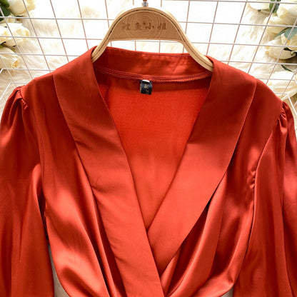 Shawl Collar Satin Wrap Dress