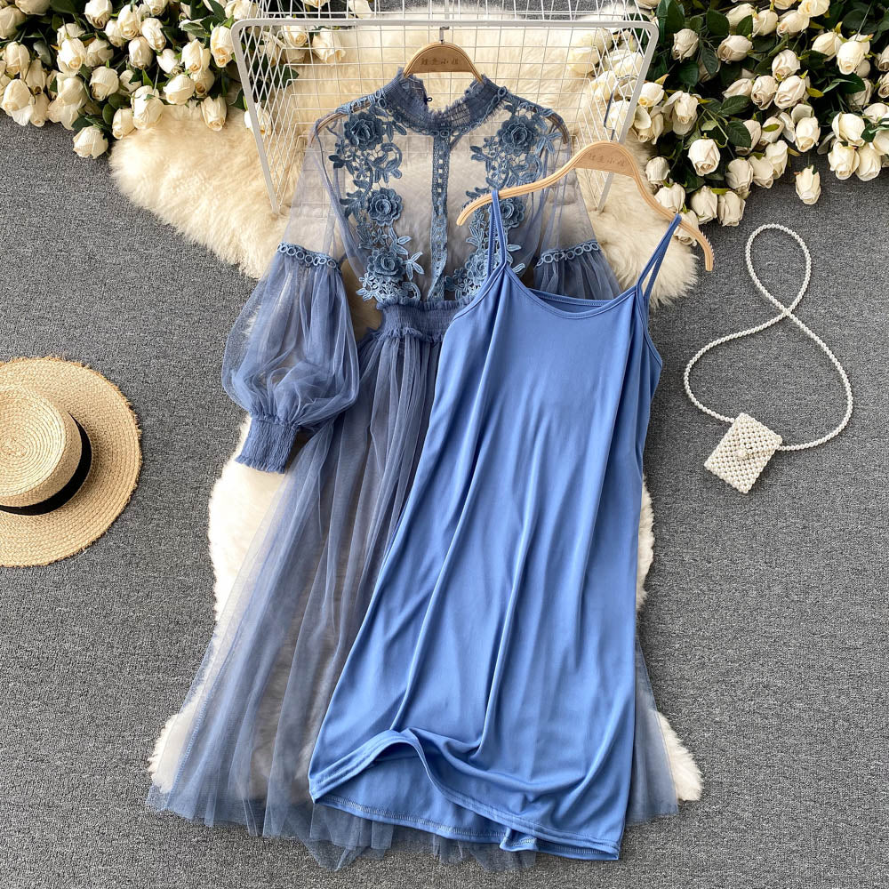 Embroidered Mesh Sleeve Sling Two-Piece Dress