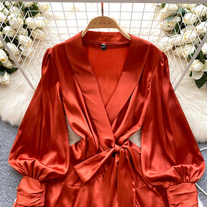 French Style V-neck Satin Wrap Dress