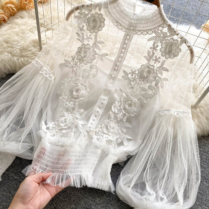 Ethereal Mesh Lantern-Sleeve Blouse