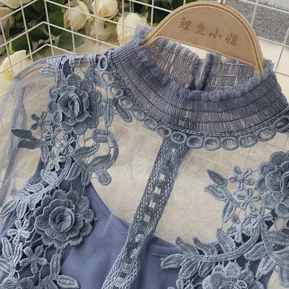 Embroidered Mesh Sleeve Sling Two-Piece Dress