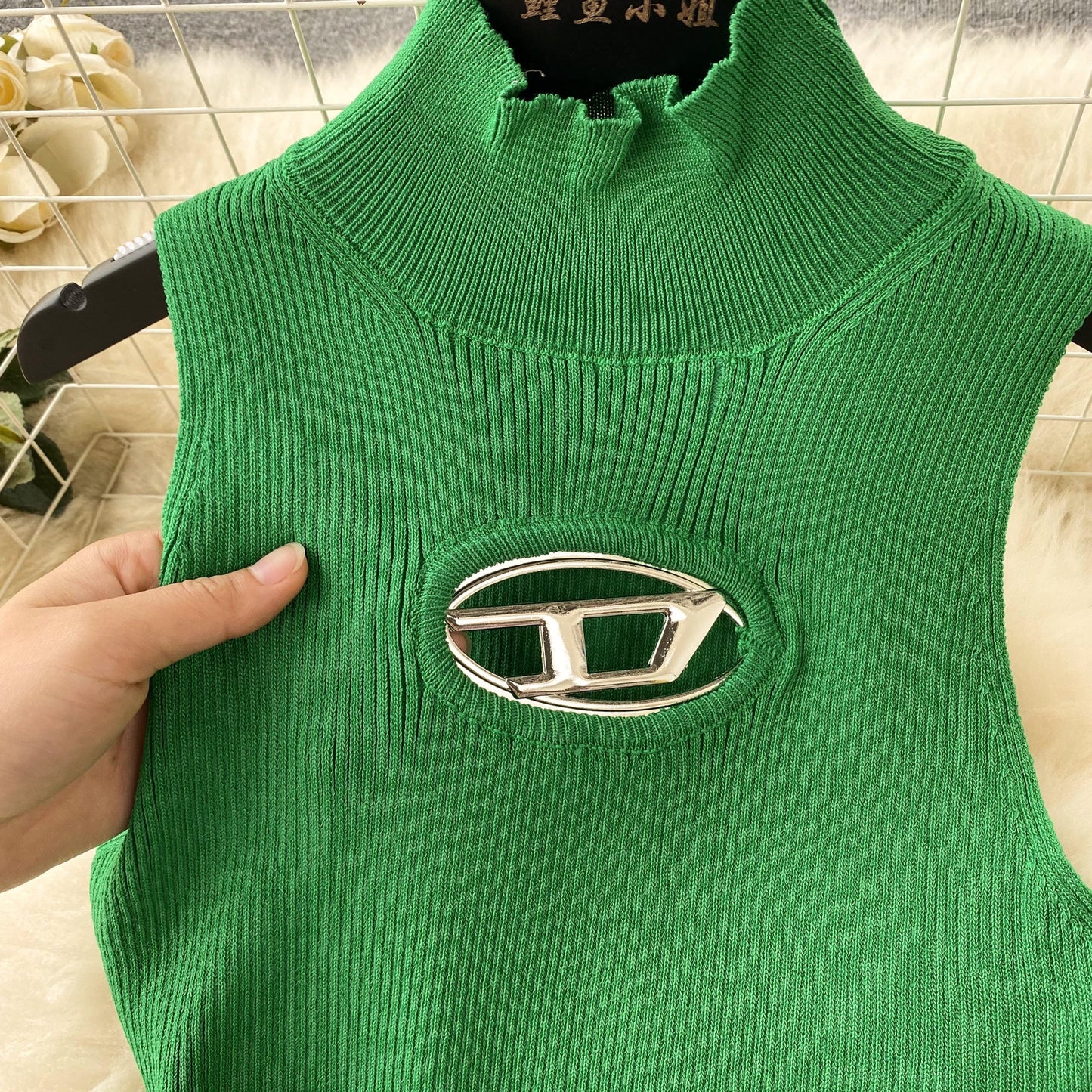 Open-Knit Semi-Turtleneck Bodycon Dress