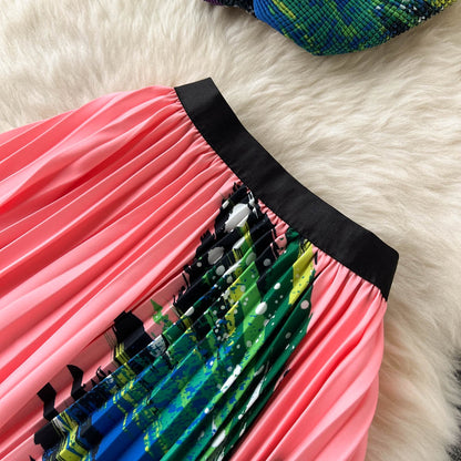 Printed T-shirt&Pleated Skirt 2Pcs