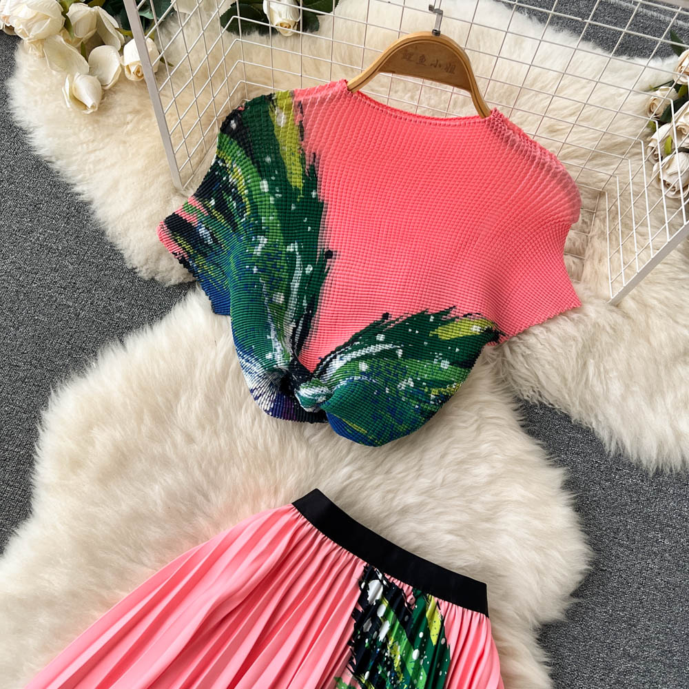 Printed T-shirt&Pleated Skirt 2Pcs