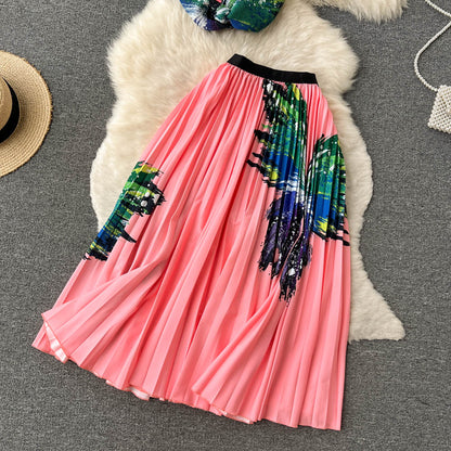Printed T-shirt&Pleated Skirt 2Pcs