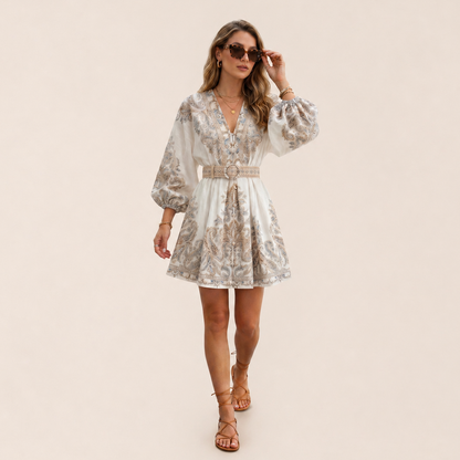 Ethnic Style Floral Belted Dress