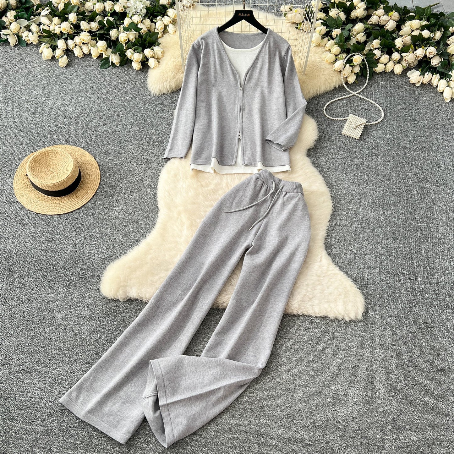 Faux Two-pieces Cardigan & Trousers 2Pcs
