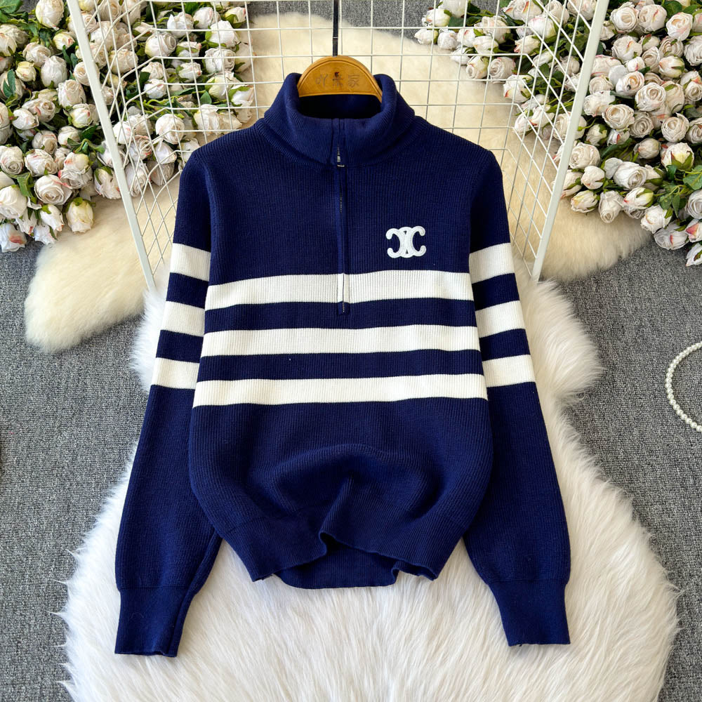 Lapeled Stripe Embroidered Pullover Knitwear
