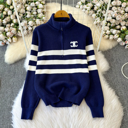 Lapeled Stripe Embroidered Pullover Knitwear