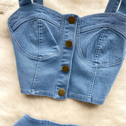 Denim Camisole & Pleated Skirt Set