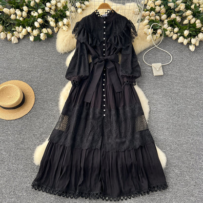 Vintage Lace Patchwork Single-breasted Dress