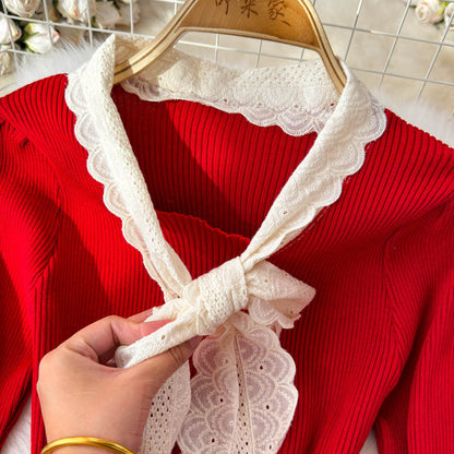 Lace Bow-tie Knitwear&Skirt Elegant 2Pcs
