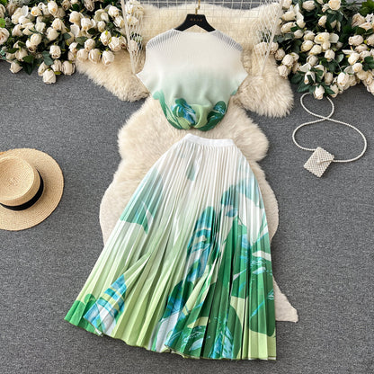 Printed Top&Pleated Skirt 2Pcs