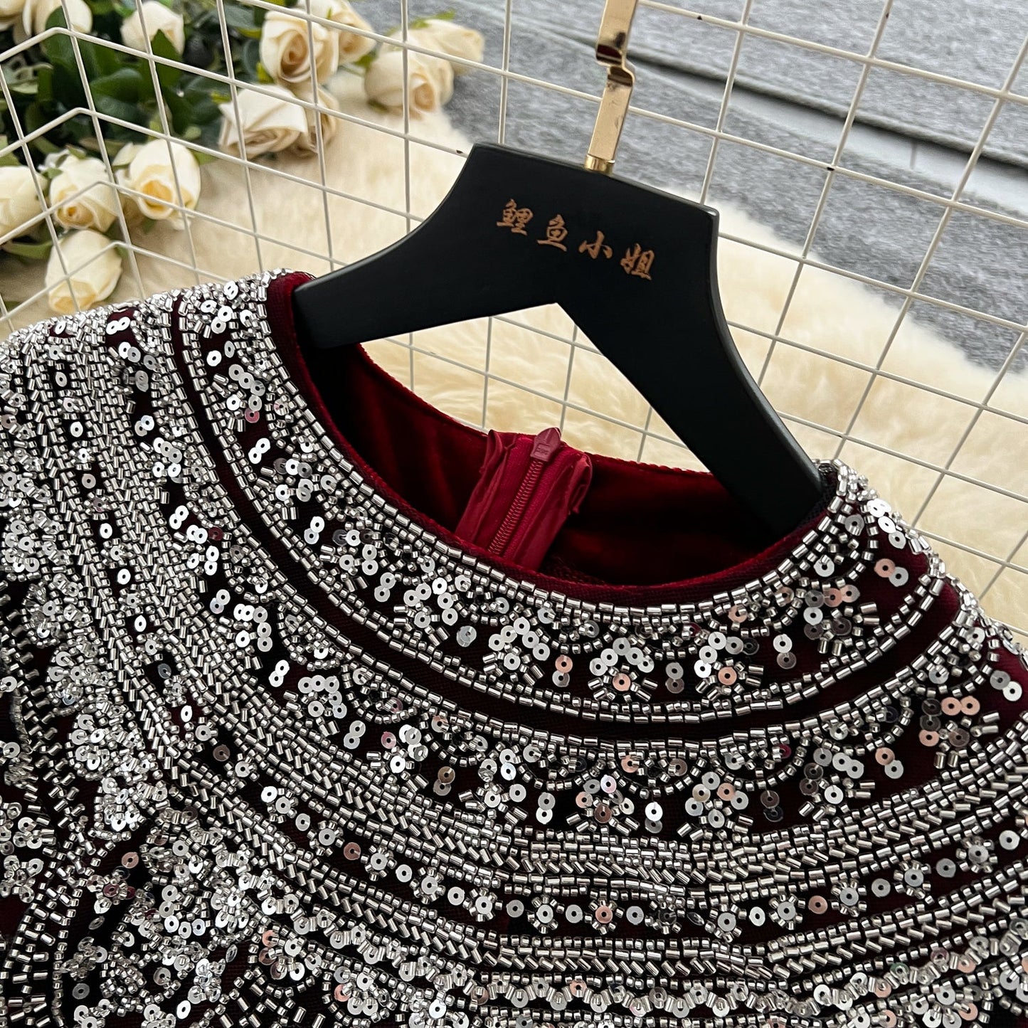 Beaded Collar Loose-fit Suede Dress
