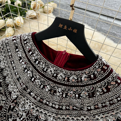 Beaded Collar Loose-fit Suede Dress
