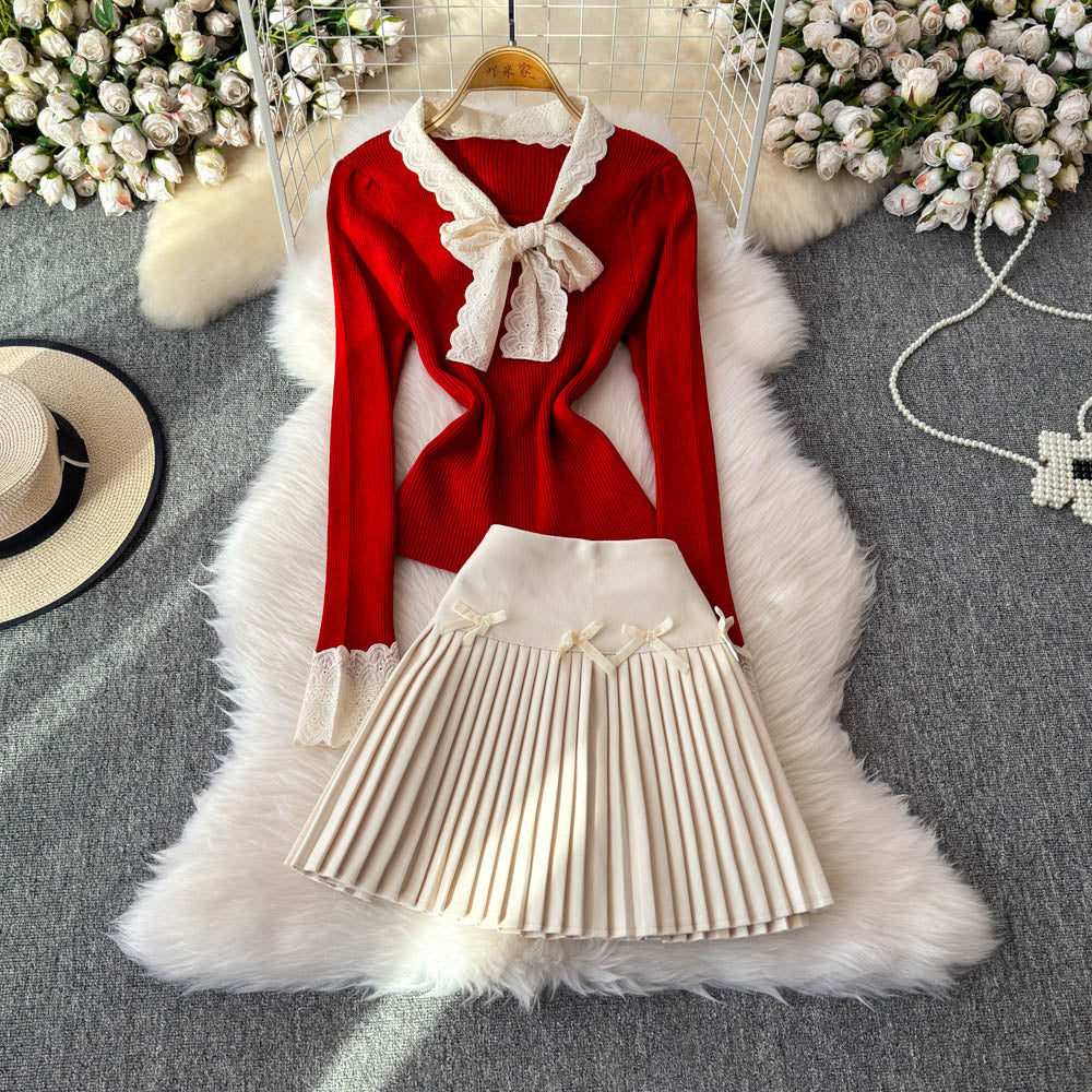 Lace Bow-tie Knitwear&Skirt Elegant 2Pcs