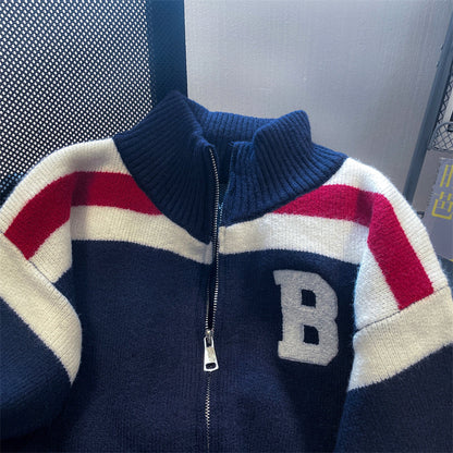 Stand Collar Color-blocking Striped Cardigan