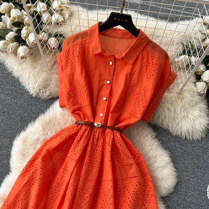 Niche Hollowed Patchwork Shirt Dress