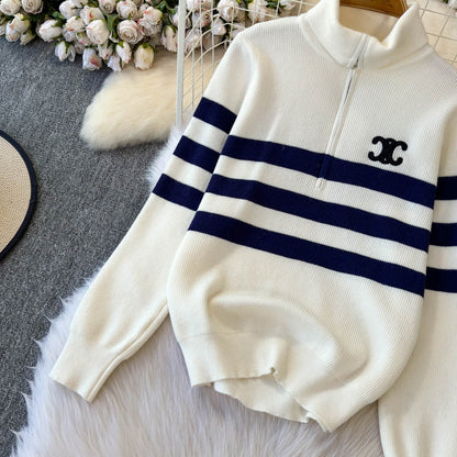 Lapeled Stripe Embroidered Pullover Knitwear