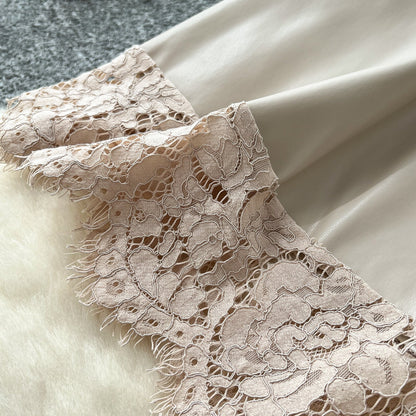 Geometric Lace & Faux Leather Midi Skirt