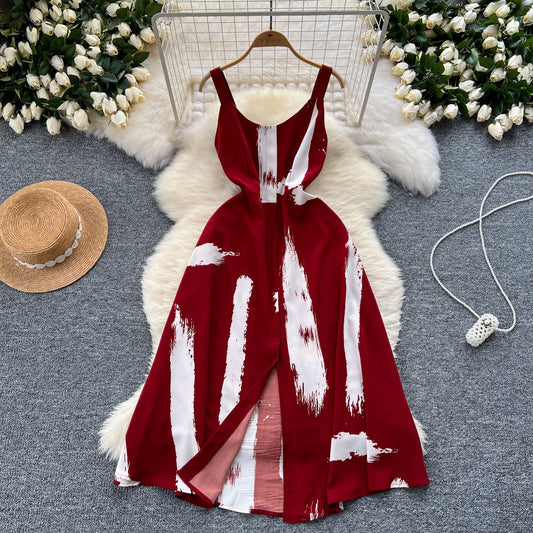 Vintage Printed Split Slip Dress