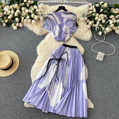 Printed Top&Pleated Skirt 2Pcs