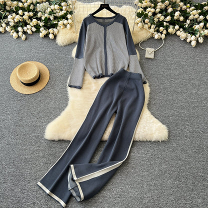 Striped V-Neck Knit Set – Sweater & Trousers
