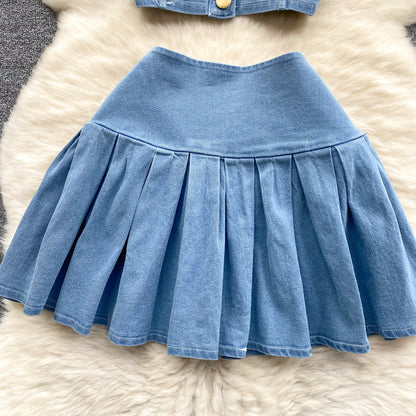 Denim Camisole & Pleated Skirt Set