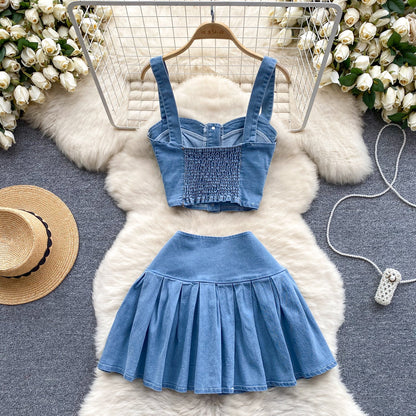 Denim Camisole & Pleated Skirt Set