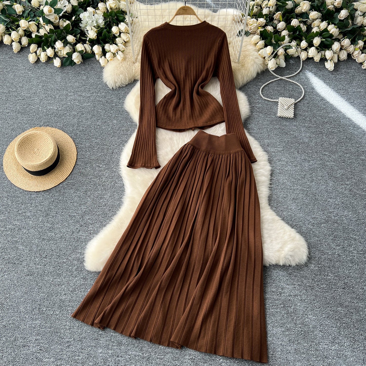 Cardigan&Pleated Skirt Knitted 2Pcs